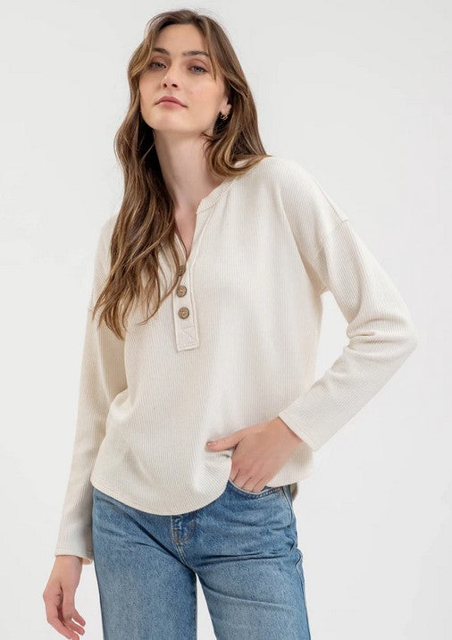 Cream Button V-Neck Sweater