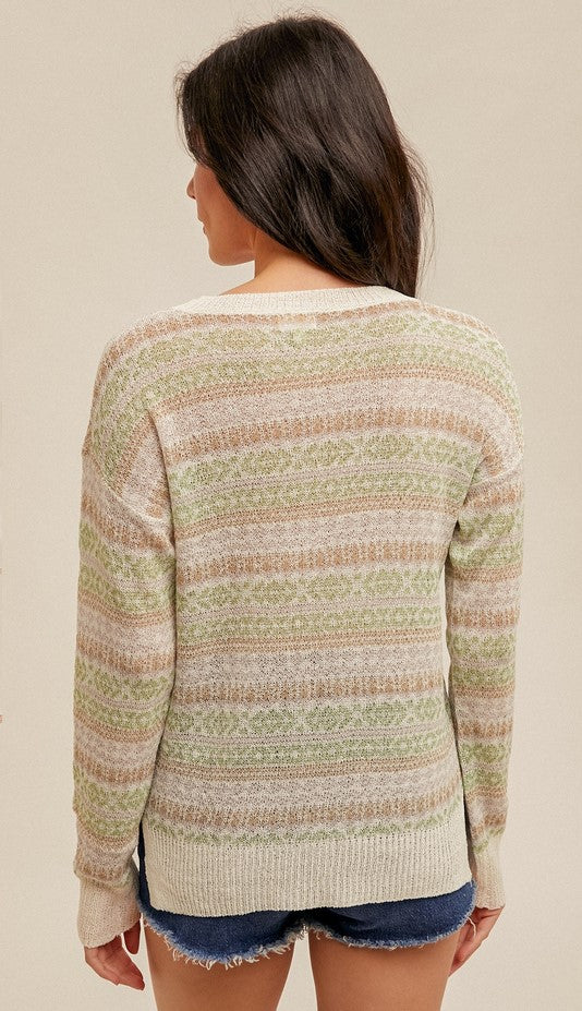 Closeup view of the ivory trim and jacquard pattern in sage and lavender sweater. The design is lightweight, so it's great for warmer Southern winters. The colors and thickness will take this sweater well into spring. Slightly sheer. It can easily layer over a cream undershirt.