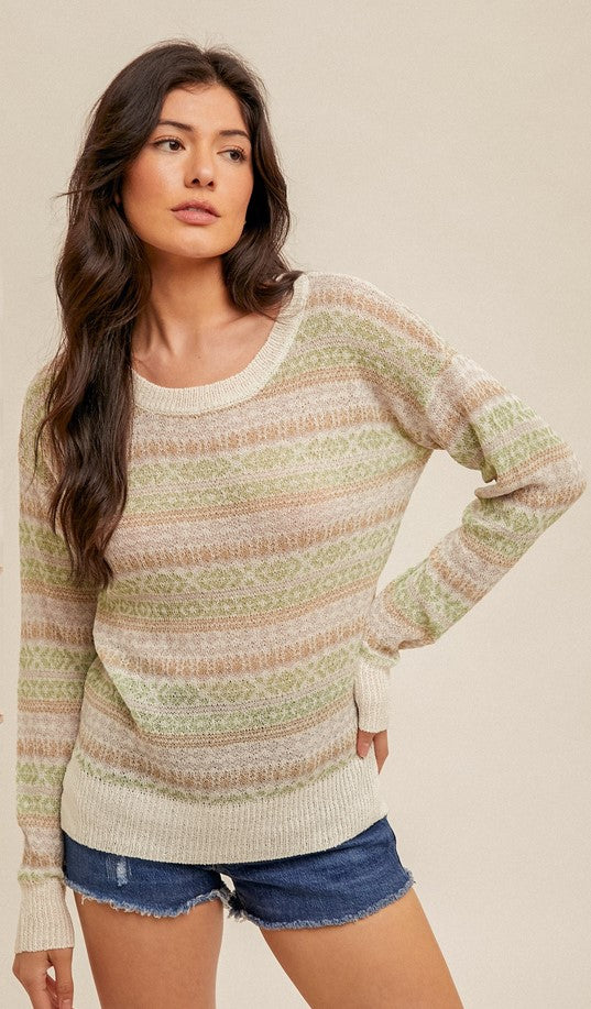 Front view of the ivory trim and jacquard pattern in sage and lavender sweater. The design is lightweight, so it's great for warmer Southern winters. The colors and thickness will take this sweater well into spring. Slightly sheer. It can easily layer over a cream undershirt.