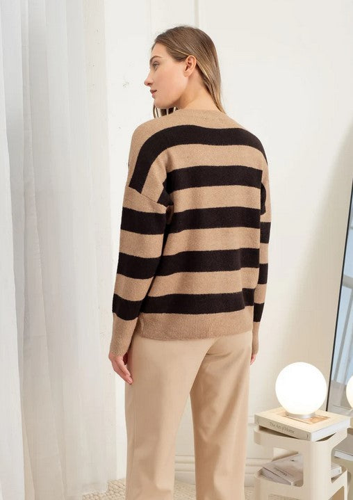 Back view of the perfect basic stripe sweater for winter. The bold block stripe pattern in black makes this a closet staple.