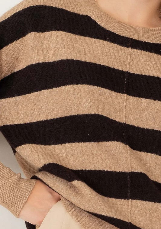 Closeup view of the perfect basic stripe sweater for winter. The bold block stripe pattern in black makes this a closet staple.