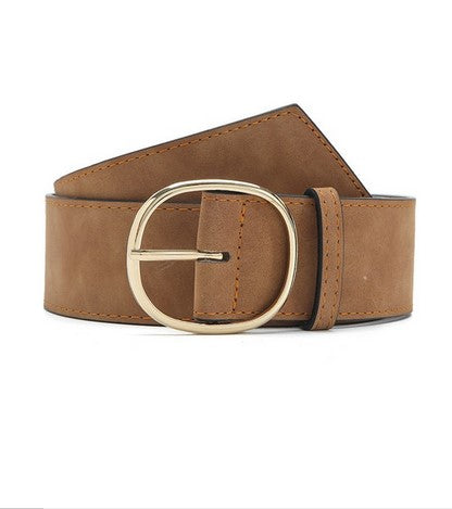 Camel faux leather belt that will be a closet staple. Has a gold buckle. One size fits all.