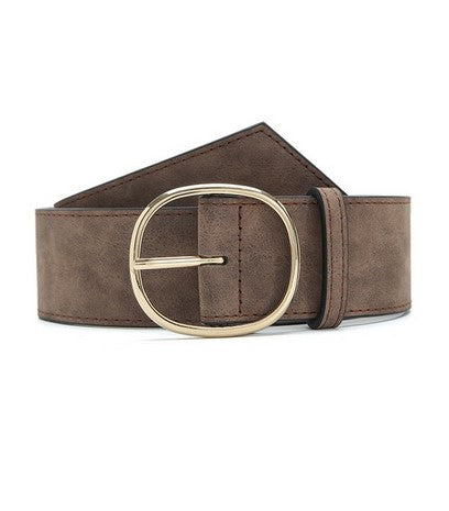 Coffee/Taupe faux leather belt that will be a closet staple. Has a gold buckle. One size fits all.