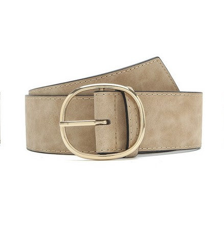 Khaki faux leather belt that will be a closet staple. Has a gold buckle. One size fits all.