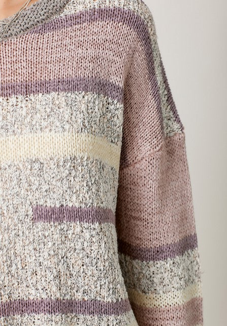 Close up of the pattern for a croped, striped spring sweater in lavender, gray, and ivory. 