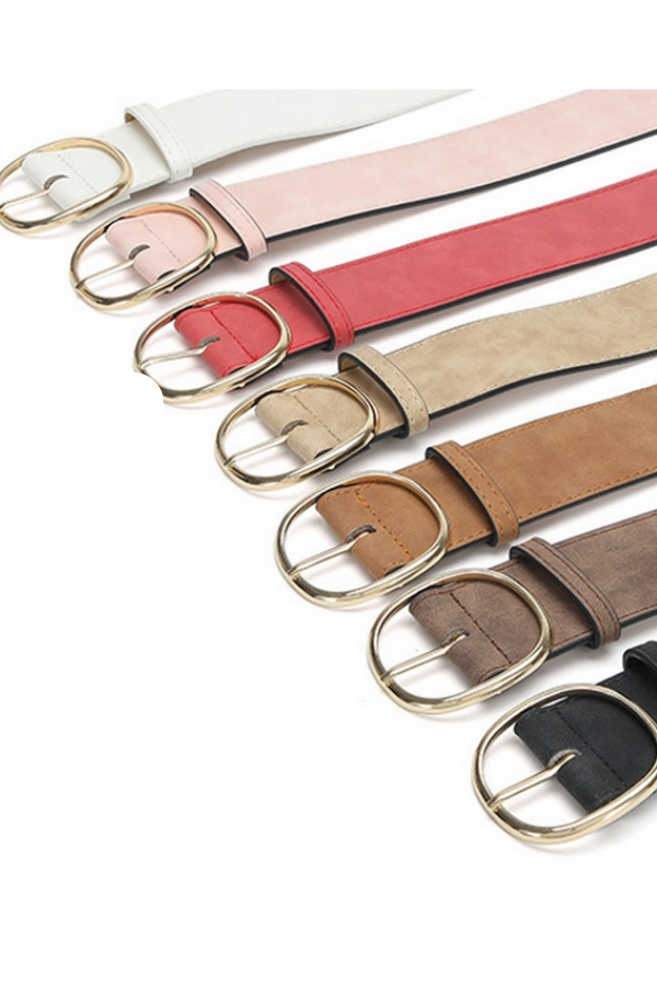 Faux leather belt that will be a closet staple. Comes in black, coffee, camel, khaki, bubblegum pink, and off white. Has a gold buckle. One size fits all.