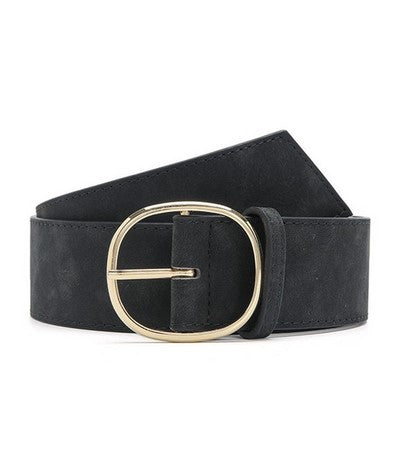 Black faux leather belt that will be a closet staple. Has a gold buckle. One size fits all.