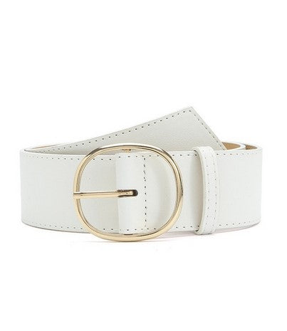 Off white faux leather belt that will be a closet staple. Has a gold buckle. One size fits all.