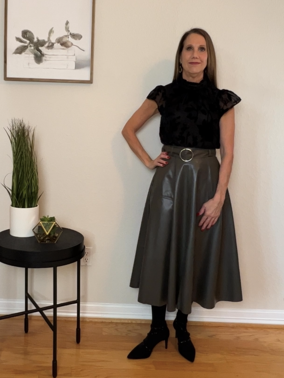 Olive Vegan Faux Leather A-Line Midi Skirt
