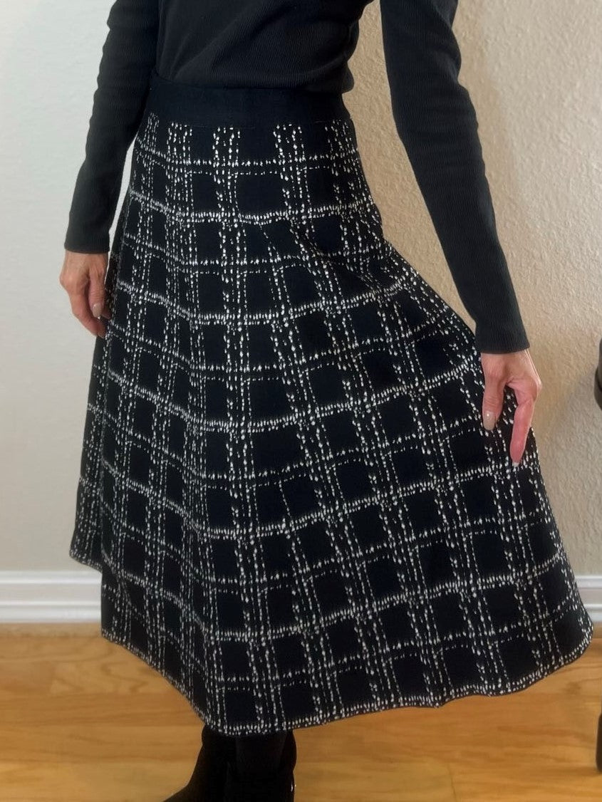 London Edge Black and Ivory Soft Plaid A-Line Midi Skirt